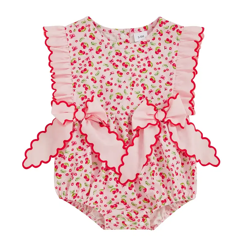 Baby Girl Summer Clothes Infant Bubble Romper Big Bow Casual Sleeveless Round Neck Onesie Newborn Cherry Print Bodysuit Top S...
