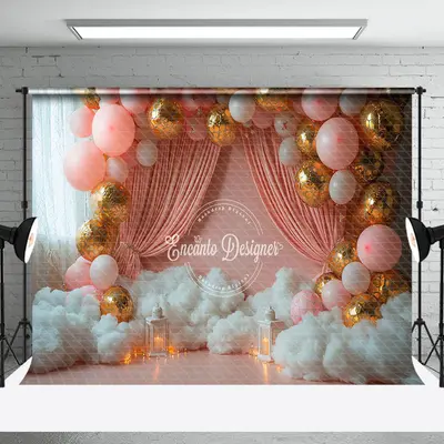 White Cloud Pink Balloon Curtain Cake Smash Backdrop - Aperturee