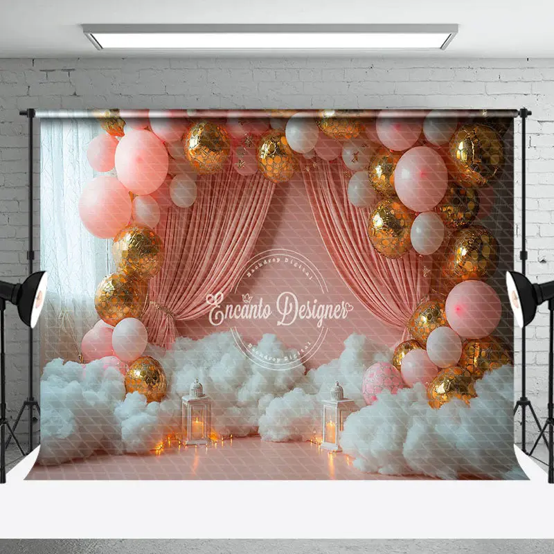 White Cloud Pink Balloon Curtain Cake Smash Backdrop - Aperturee