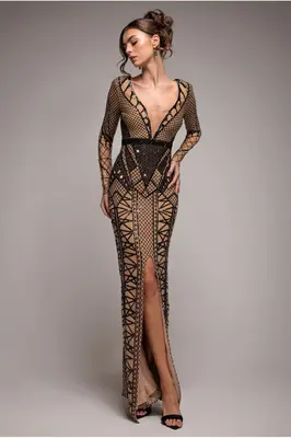 Goddiva Geometric Sequin Plunge Maxi - Black