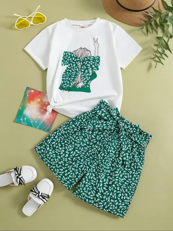 Girl's Tee & Ditsy Floral Print Shorts Two-piece Set, Casual Short Sleeve T-shirt & Shorts for Summer, Kids Clothes for Daily...