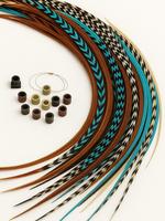 Feather Hair Extensions, 100% Real Rooster Feathers, 20 Long Thin Loose Individual Feathers Plus 20 Beads and Loop Tool Kit