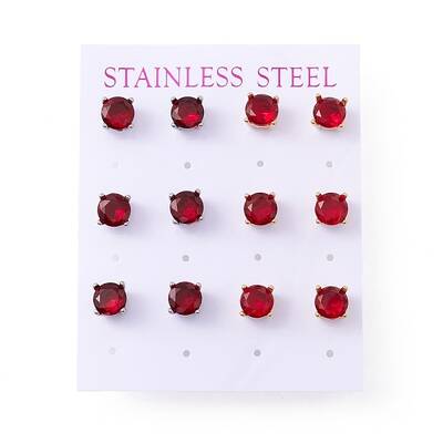 6 Pairs Cubic Zirconia Flat Round Stud Earrings