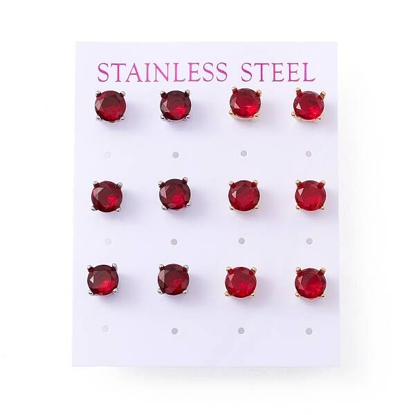 6 Pairs Cubic Zirconia Flat Round Stud Earrings