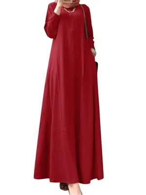 Women's Plain Pocket Keyhole Neckline Arabian Dress, Modest Long Sleeve Maxi Muslim Dress for Daily Wear, Ladies Islamic Clot...