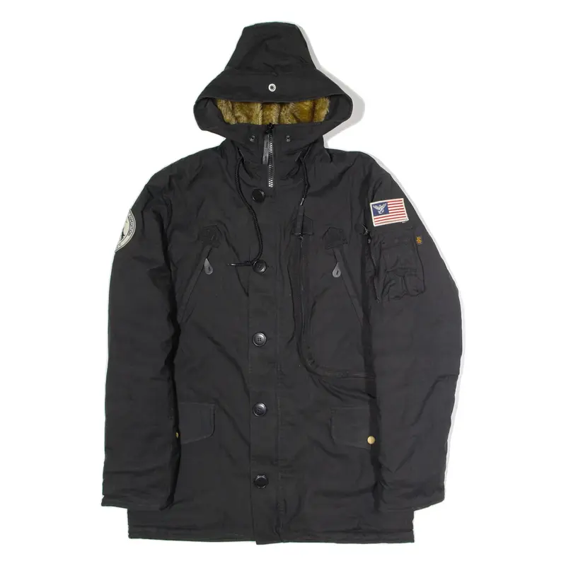 ALPHA INDUSTRIES Mens Parka Coat Black Canvas Nylon Hooded M