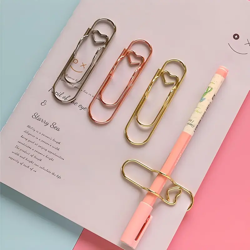 1 Box 6Pcs 3 Colors Heart Pen Clip Metal Pencil Clips Multifunctional Rose Gold Silver Carbon Steel Paperclip Portable Large ...