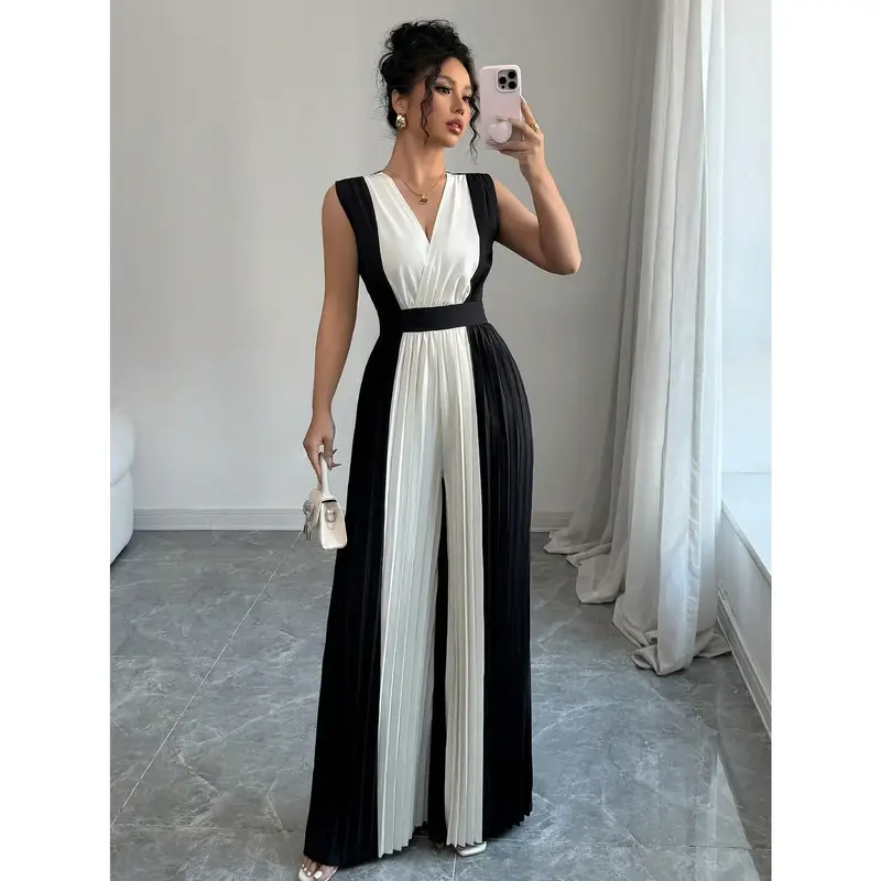 Women's Pleated V-Neck Cinched Waist Wide Leg Jumpsuit, Casual Elegant Commuter Vacation Outfit