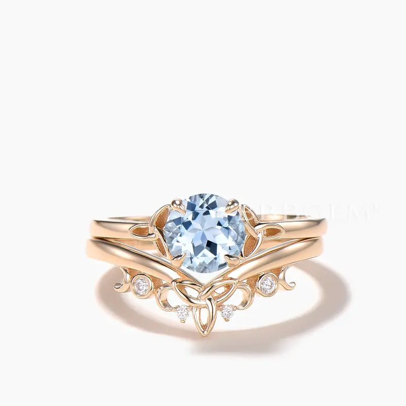 Round Cut Natural Aquamarine Engagement Ring Diamond Celtic Knot Bridal Set