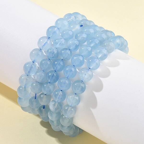 Natural Aquamarine Round Bead Stretch Bracelets for Men Women