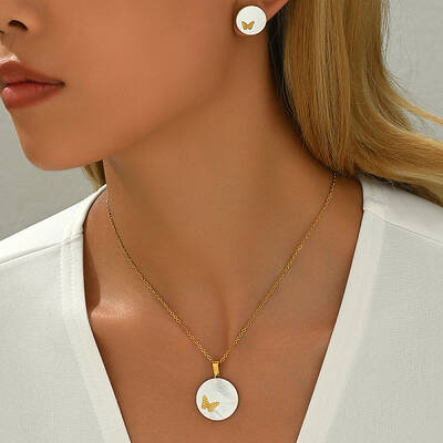 Stainless Steel Pave Shell Flat Round Butterfly Pendant Necklace & Stud Earrings Set for Women