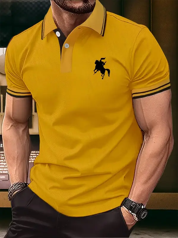 Men's Regular Fit Cartoon Horse Print Polo Shirt, Casual Short Sleeve Button Front Top for Summer, Fashion Men's Clothes for ...