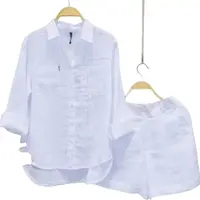 Summer Cotton Linen Casual Home 2 Piece Set For Women 2025 Fashion White Long Sleeve Shirt And Shorts Two Piece Sets Tracksui...