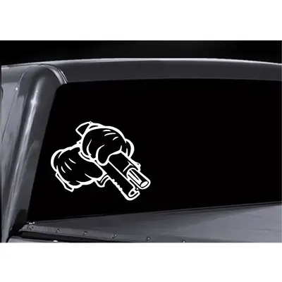 Gangster Gloves Decal - Black Background with White Hand and Tool Design