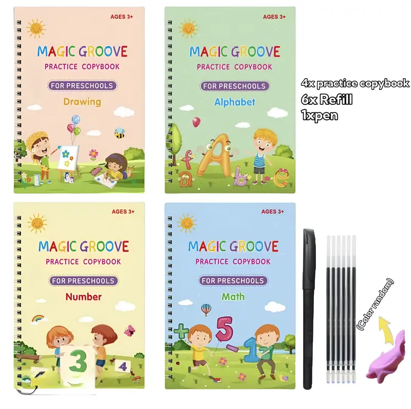 4 Pc Groove Writing Books for Kids , Magic Grooved Practice Copybook, Reusable Grooved Handwriting Workbooks ,Calligraphy Boo...