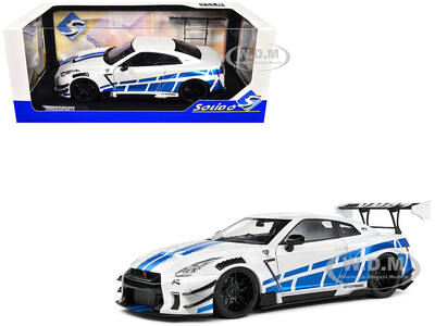 2024 Nissan GT-R (R35) RHD (Right Hand Drive) with Liberty Walk 2.0 Body Kit White Metallic with Blue Stripes For Paul Tribut...