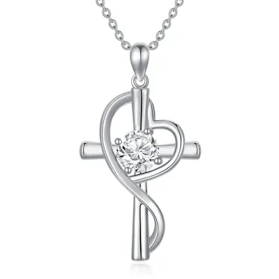 Sterling Silver Round Moissanite Cross & Heart Pendant Necklace