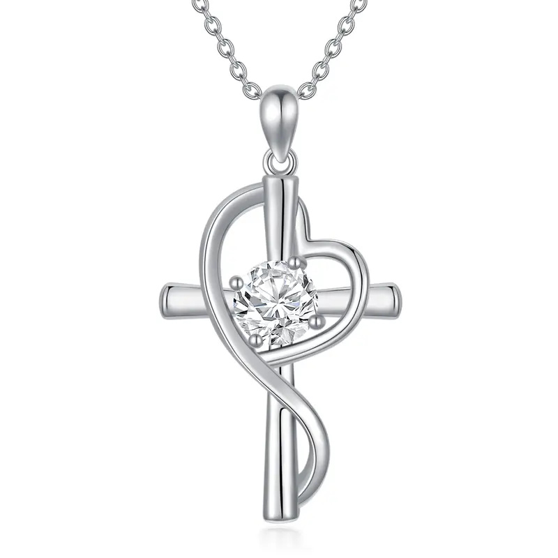Sterling Silver Round Moissanite Cross & Heart Pendant Necklace
