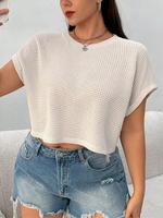 【Plus Size】Plain Waffle Textured Batwing Sleeve Crop Tee, Casual Short Sleeve Round Neck T-shirt for Summer, Women's Plus...