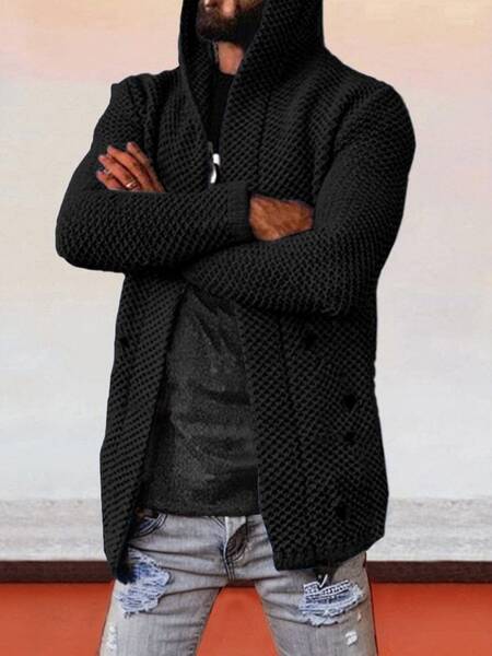 Solid Hooded Holey Sweater Coat, Black / XXXL