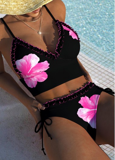 Modlily Tie Mid Waisted Floral Print Black Bikini Set - XL