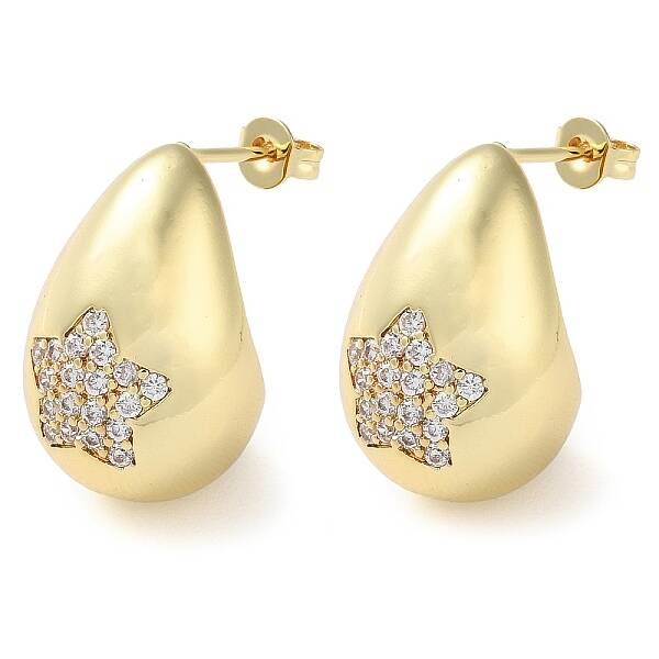 Teardrop with Star Brass Micro Pave Clear Cubic Zirconia Stud Earrings