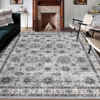 Garvee 6x9ft Vintage Area Rug - Washable Stain Resistant, Traditional Distressed Mat, Retro Floral Print, Foldable Thin Accen...