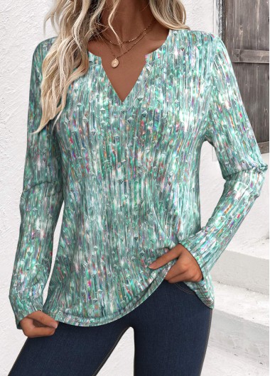 Modlily Sage Green Dazzle Colorful Print Long Sleeve T Shirt - M