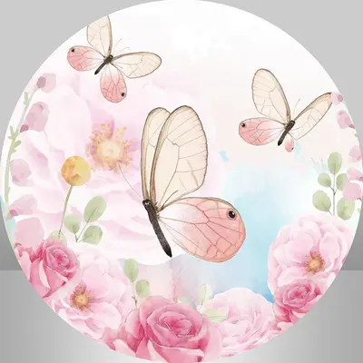 Aperturee Pink Butterfly And Floral Round Girls Birthday Backdrop | Circle Backdrops For Birthday | Circle Party Backdrop | R...