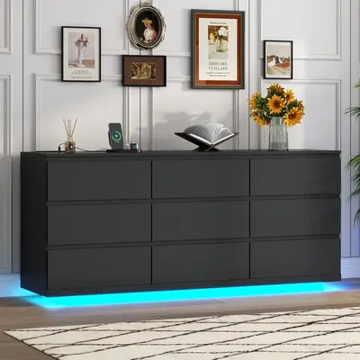 Floating White Dresser Chest of Drawers with LED Light, 9 Drawers, Modern Design, Black Finish, Ideal for Storage and Aesthet...