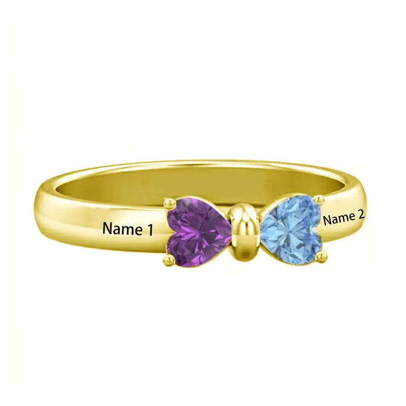 Gold Vermeil Heart Cut Personalized Birthstone Engraving & Bow Ring