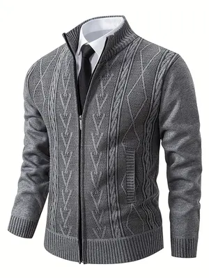 Men's Geometric Print Zipper Cable Knit Cardigan, Regular Fit Casual Long Sleeve Stand Collar Knitwear for Spring & Fall, Fas...