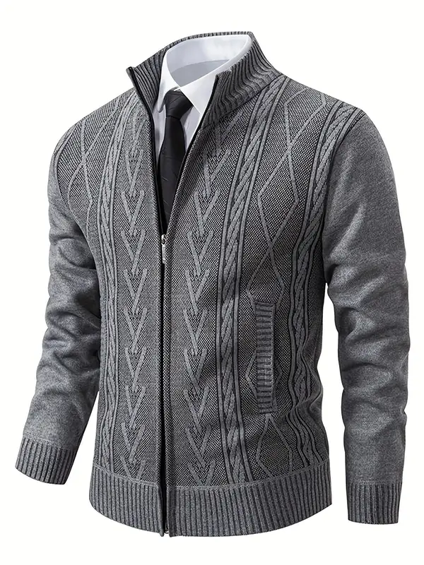Men's Geometric Print Zipper Cable Knit Cardigan, Regular Fit Casual Long Sleeve Stand Collar Knitwear for Spring & Fall, Fas...