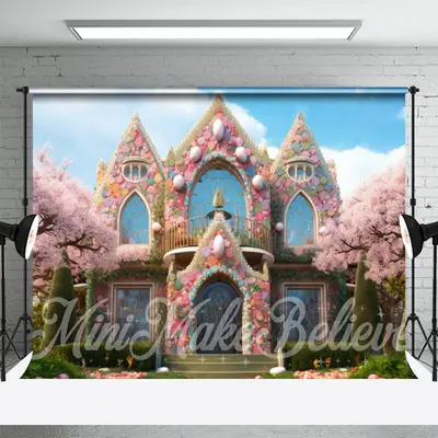 Pink Fairy House Sakura Tree Eggs Easter Backdrop - Aperturee