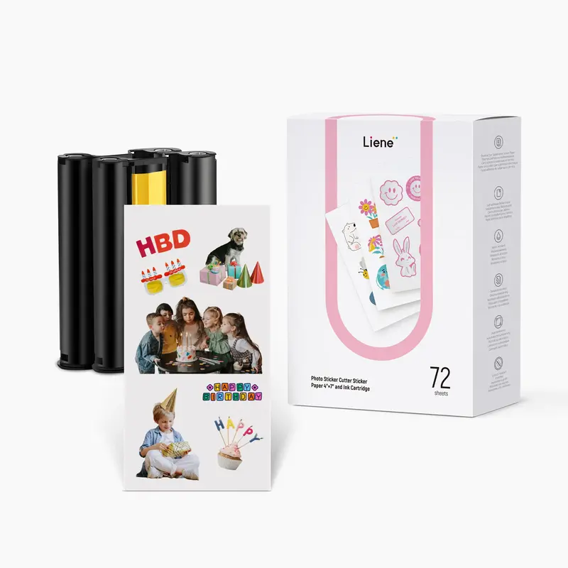 Liene Sticker Paper & Cartridge (Enhanced Adhesion Version) - 2 Ink Cartridge Refills & 72 Sheets 4x7 Photo Paper, Dye Subl...