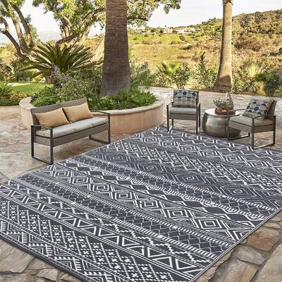 Garvee Outdoor Grey & White 6x9 Boho Rug, Reversible Waterproof PP Plastic Carpet for Patio, Camping & RV | Easy Clean Portab...
