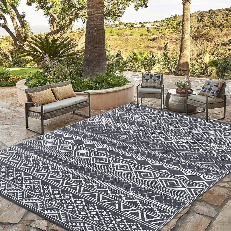 Garvee Outdoor Grey & White 6x9 Boho Rug, Reversible Waterproof PP Plastic Carpet for Patio, Camping & RV | Easy Clean Portab...