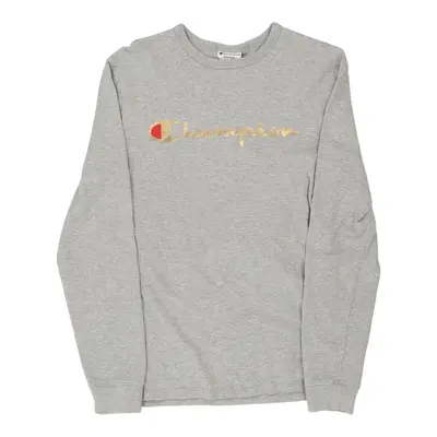 Champion Spellout Long Sleeve T-Shirt - Medium Grey Cotton