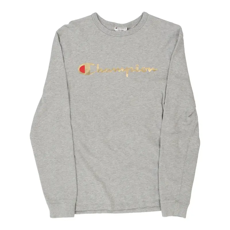 Champion Spellout Long Sleeve T-Shirt - Medium Grey Cotton