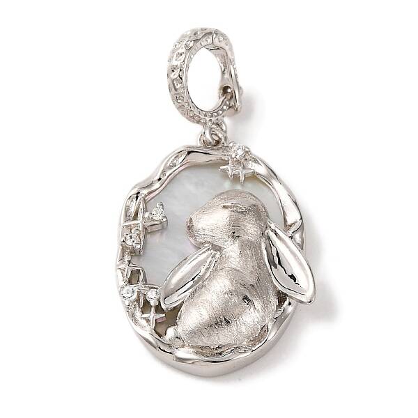 Rhodium Plated 925 Sterling Silver Pave Natural Shell Oval Pendants