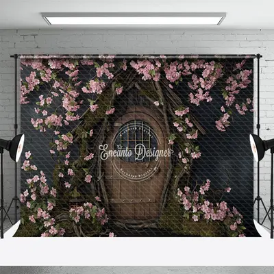Vintage Wooden House With pink flowers Spring Backdrop - Aperturee