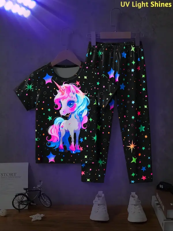 Two-piece Set Toddler Girl's Unicorn ＆ Stars Print Short Sleeve Tee & Elastic Waist Pants Set, Casual Round Neck T-shirt & ...