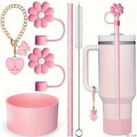Letter & Flower & Butterfly Design Cup Accessories Set, 6pcs Including Straw Topper Cover Cap & Boot & Straw & Cleaning Brush...
