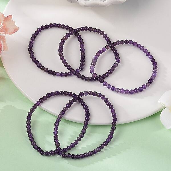 Natural Amethyst Round Bead Stretch Bracelets