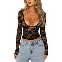 Women Floral Lace Tops Low Cut Sheer Long Sleeve Pullovers Fitted Crop Shirt with Bra Summer Streetwear Clubwear#Springtok