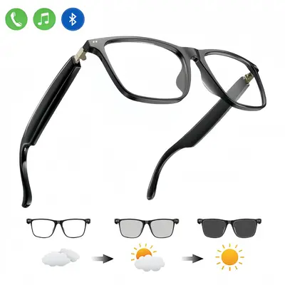 Smart Bluetooth glasses with auto-tinting lenses, polarized, blue light blocking, open earphones and hands-free calling
