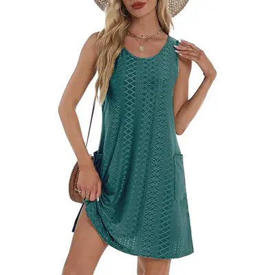 Coverup Summer Dresses for Women 2025 Eyelet Casual Loose Sleeveless Sundresses Tank Dresses with Pockets