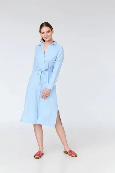 Aurora - long sleeve linen midi shirt dress | Size: L | Color: Azure