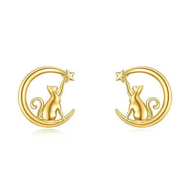 14K Gold Cat & Moon & Star Stud Earrings