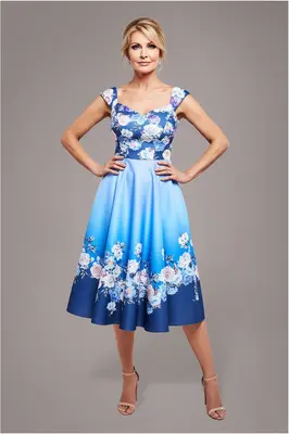 Goddiva Floral Printed Scuba Foam Skater Dress - Blue